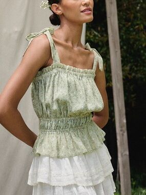 Promesa Light Green Floral Smocked Tie-Shoulder Peplum Tank